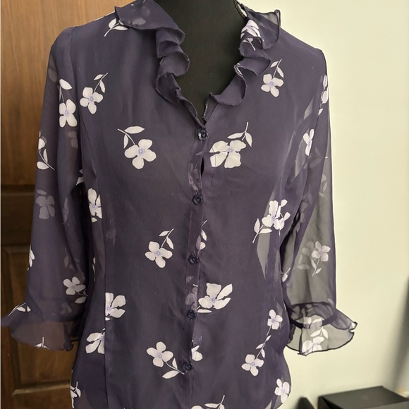 Tops - Blue and Gray Ruffled Cuffed Sleeve Blouse